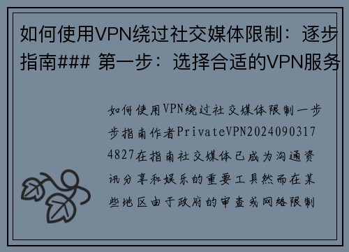 如何使用VPN绕过社交媒体限制：逐步指南### 第一步：选择合适的VPN服务首先，你需要选择一